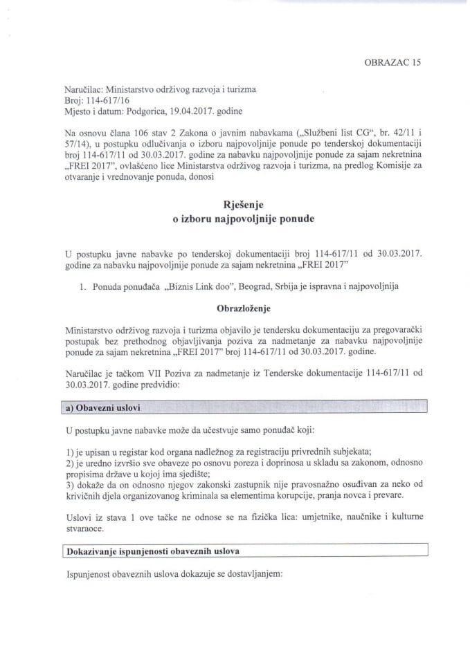 19.04. Rješenje o izboru najpovoljnije ponude za nabavku najpovoljnije ponude za sajam nekretnina FREI 2017