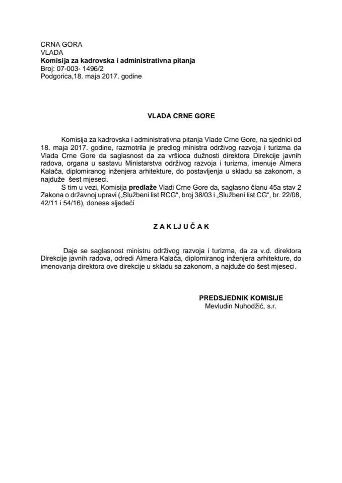 Predlog zaključka o davanju saglasnosti za određivanje v.d. direktora Direkcije javnih radova 