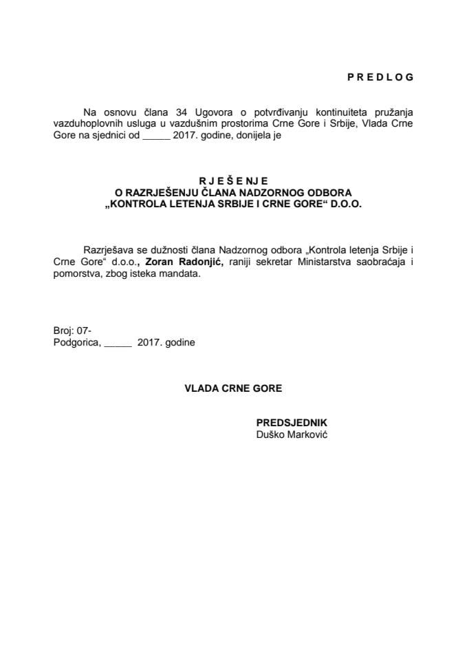 Predlog rješenja o razrješenju i imenovanju člana Nadzornog odbora "Kontrola letenja Srbije i Crne Gore" d.o.o.