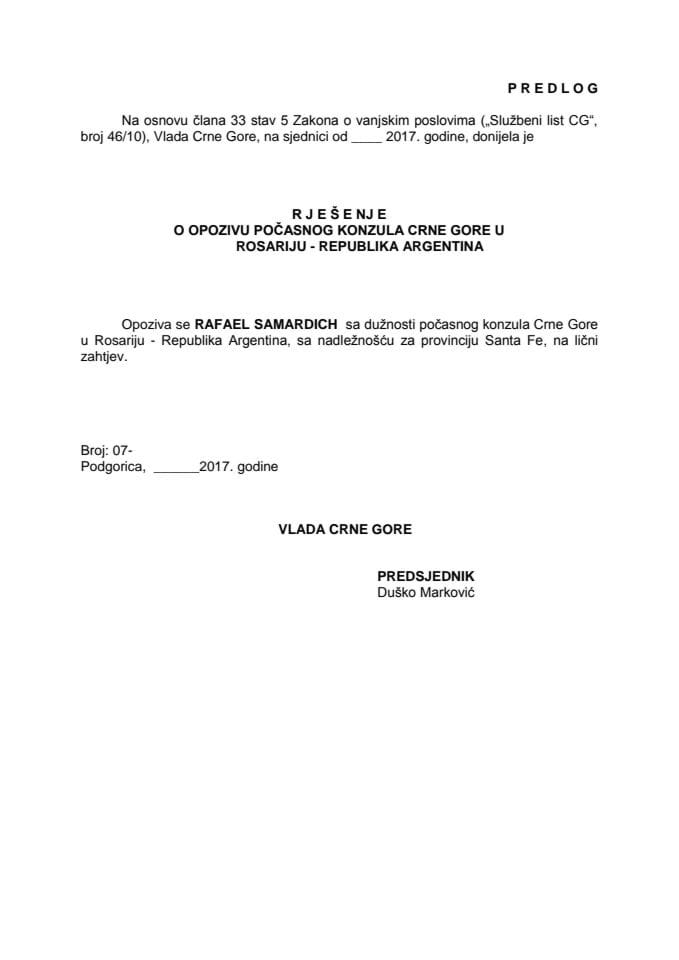 Predlog rješenja o opozivu počasnog konzula Crne Gore u Rosariju, Republika Argentina