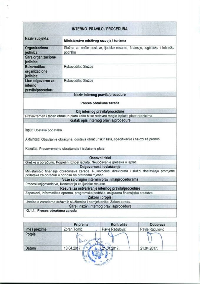 G 1.1 Interno pravilo - procedura obracuna zarada