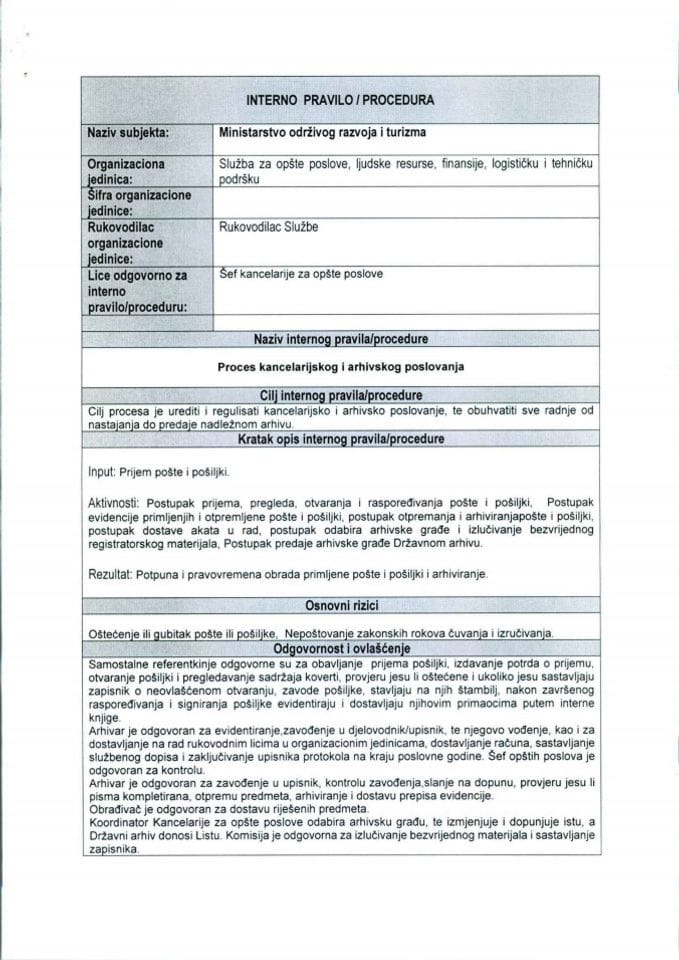 E 4.1, 4.2, 4.3, 4.4, 4.5 Interna pravila - procedure kancelarijskog i arhivskog poslovanja