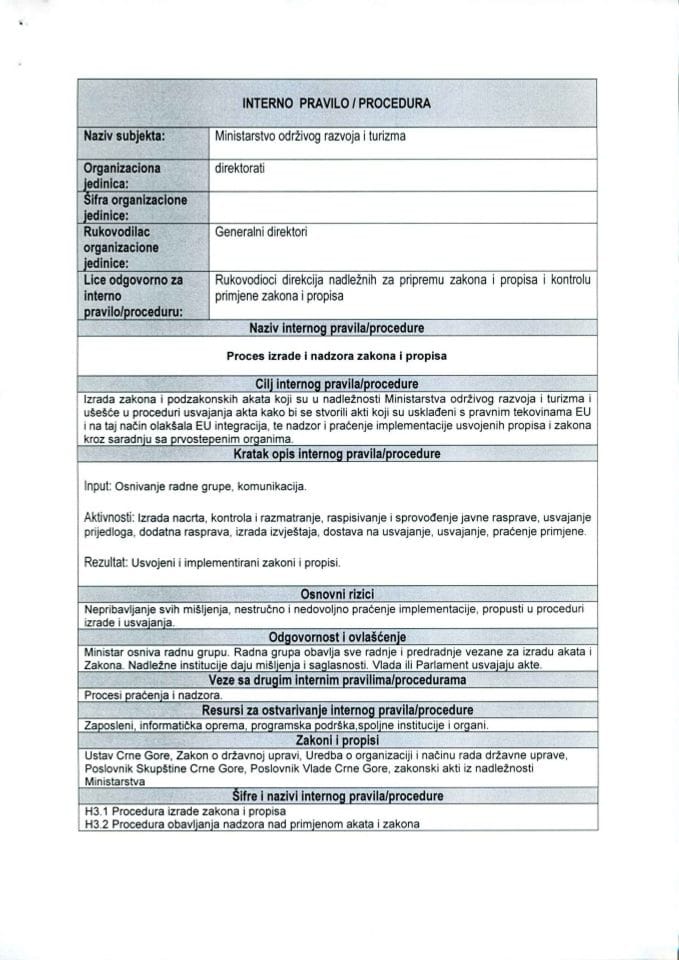 H 3.1, 3.2 Interna pravila - procedure izrade i nadzora zakona i propisa