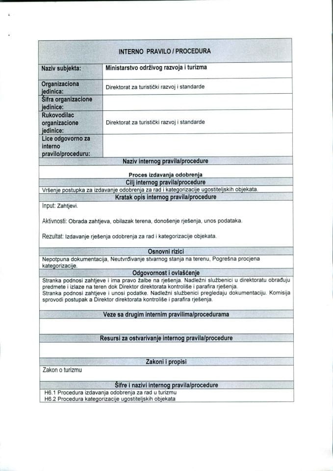 H 6.1, 6.2 Interna pravila - procedure izdavanja odobrenja u turizmu