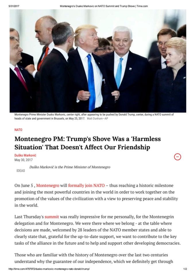 2017 05 30 TIME - Montenegro%27s Dusko Markovic on NATO Summit and Trump Shove