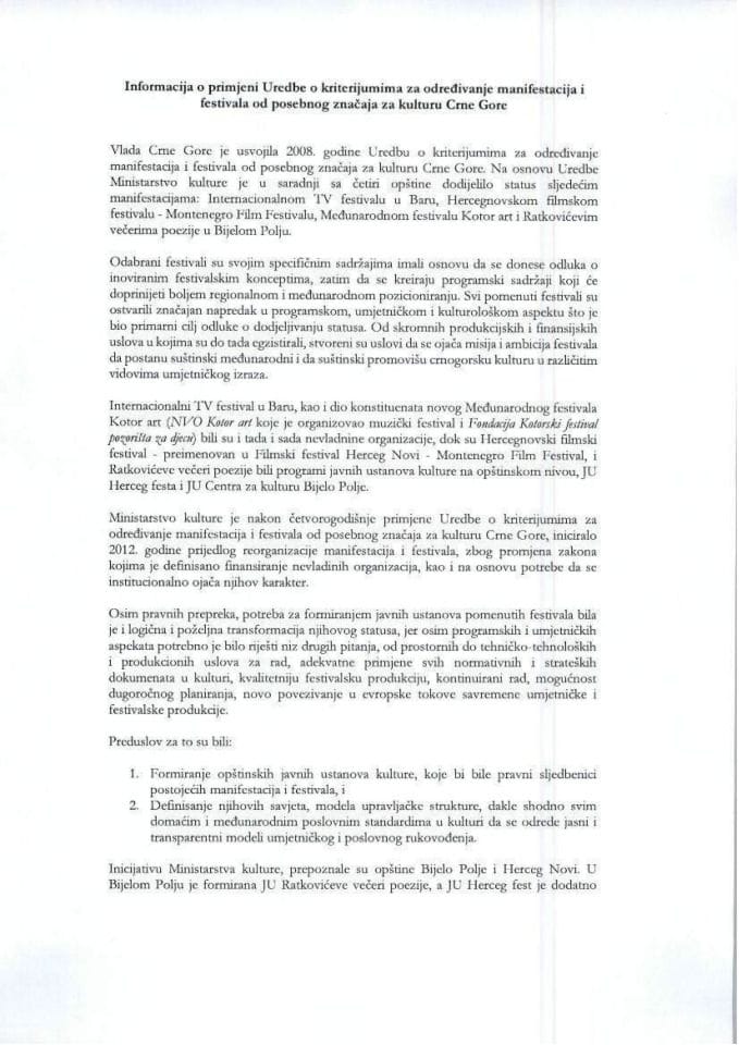 Информација о примјени Уредбе о критеријумима за одређивање манифестација и фестивала од посебног значаја за културу Црне Горе	