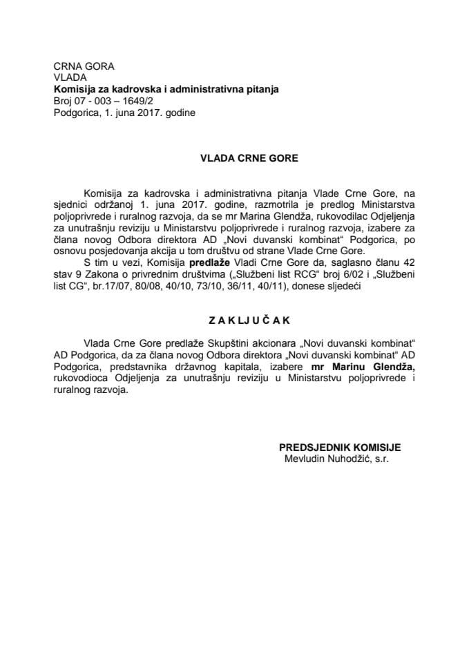Предлог закључка о избору члана Одбора директора "Нови дувански комбинат" АД Подгорица	