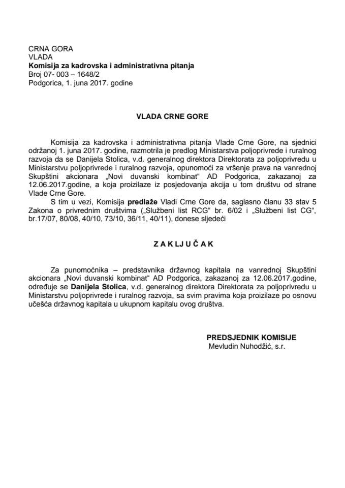 Predlog zaključka o određivanju punomoćnika - predstavnika državnog kapitala na vanrednoj Skupštini akcionara "Novi duvanski kombinat" AD Podgorica	
