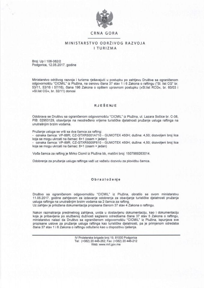 Rješenje o obavljanju turističke djelatnosti pružanja usluga raftinga na unutrašnjim brzim vodama - Cicmil Plužine