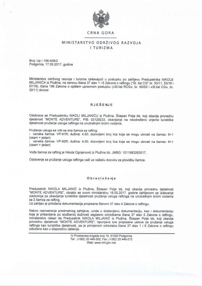 Рјешење о обављању туристичке дјелатности пружања услуга рафтинга на унутрашњим брзим водама - Никола Миљанић Плужине