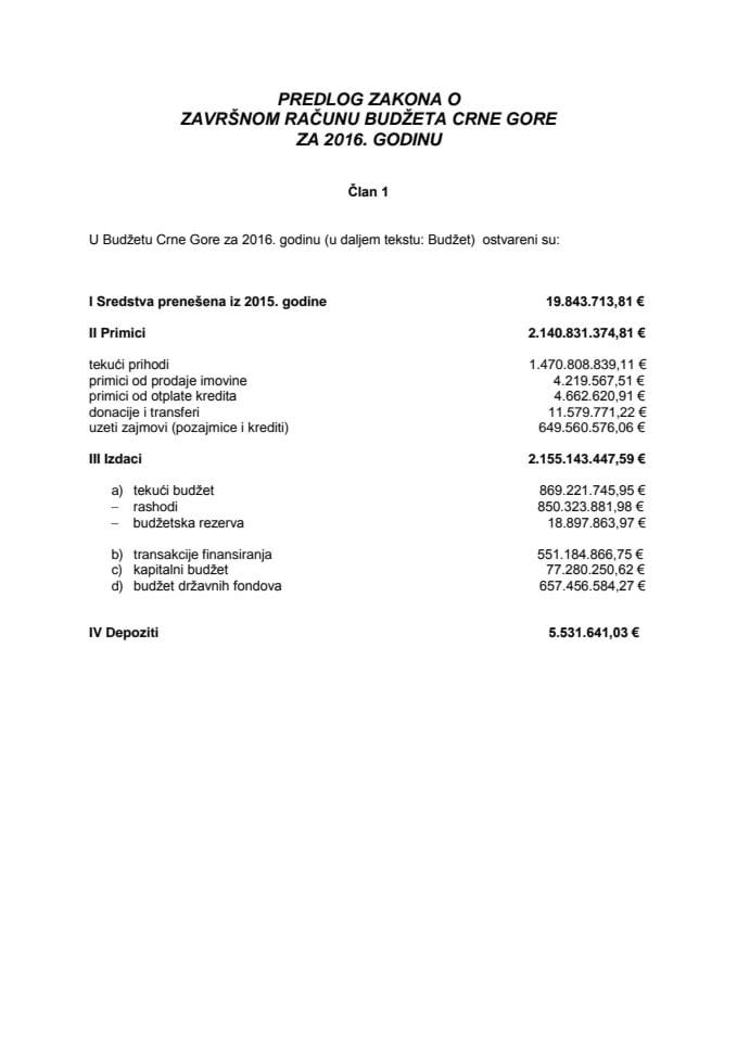 Predlog zakona o završnom računu Budžeta Crne Gore za 2016. godinu