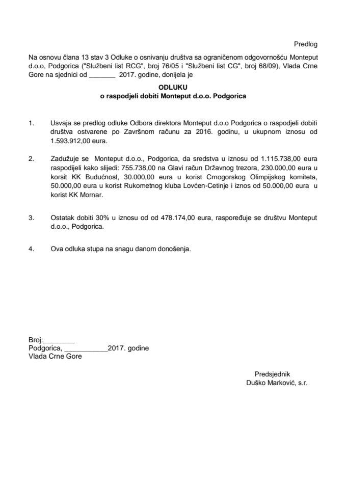Predlog odluke o raspodjeli dobiti Monteput d.o.o. Podgorica