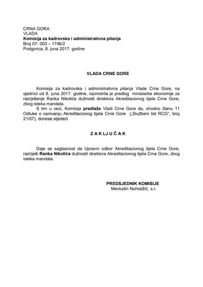 Predlog zaključka o davanju saglasnosti za razrješenje direktora Akreditacionog tijela Crne Gore