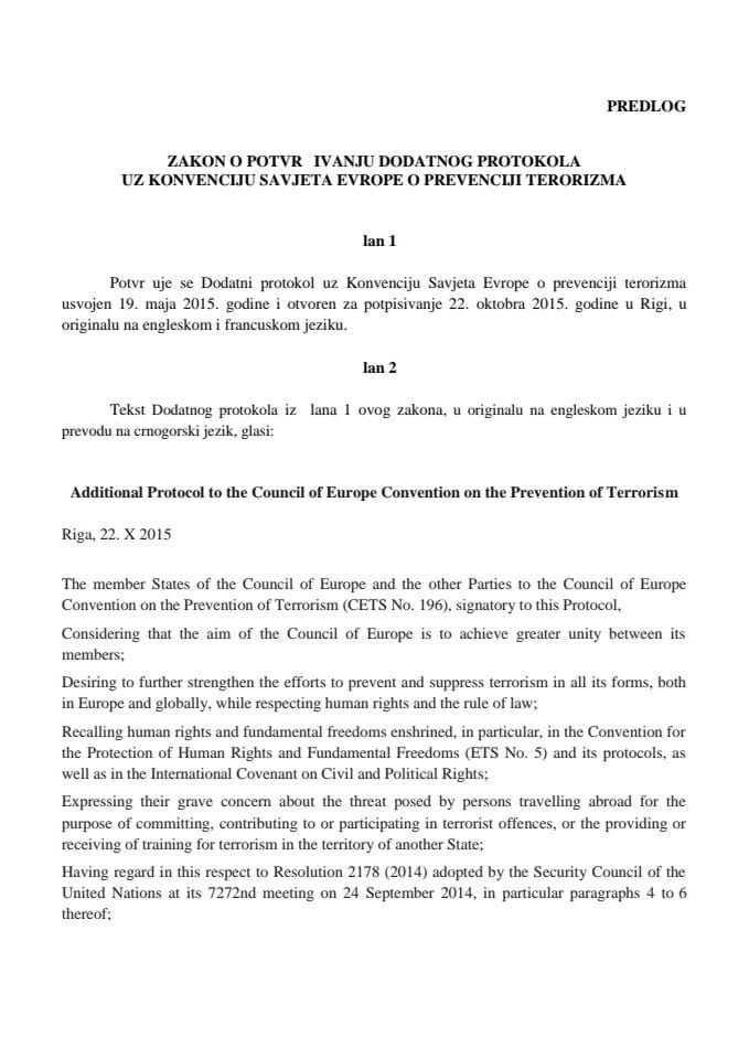 Predlog zakona o potvrđivanju Dodatnog protokola uz Konvenciju Savjeta Evrope o prevenciji terorizma 