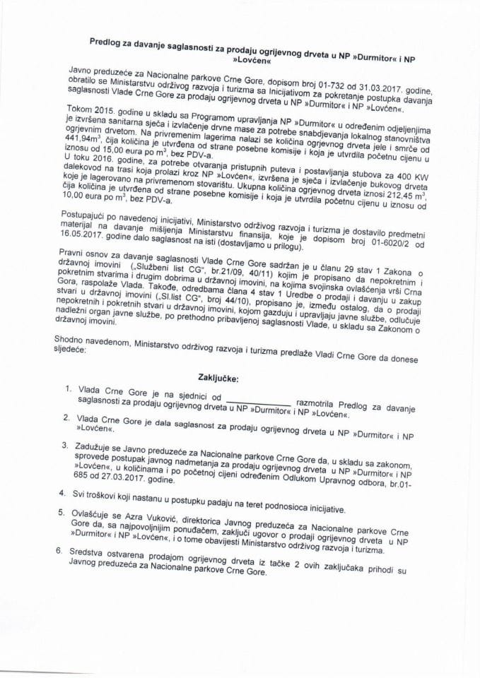 Predlog za davanje saglasnosti za prodaju ogrijevnog drveta u NP „Durmitor“ i NP „Lovćen“ 