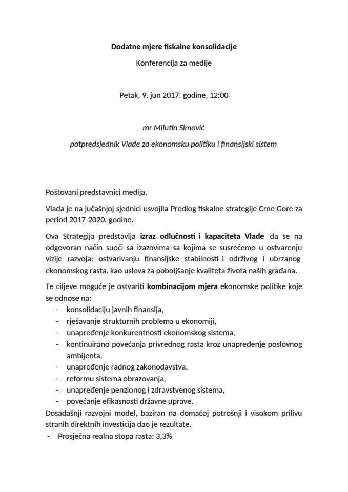 Обрацање Милутина Симовица - презентација мјера фискалнее консолидације