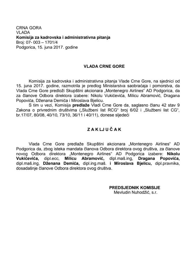 Предлог закључка о избору чланова Одбора директора "Монтенегро Аирлинес" АД Подгорица 
