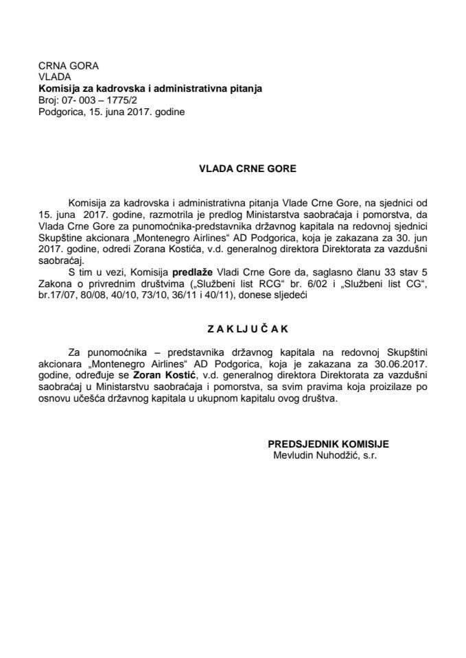 Predlog zaključka o određivanju punomoćnika – predstavnika državnog kapitala na redovnoj Skupštini akcionara "Montenegro Airlines" AD Podgorica
