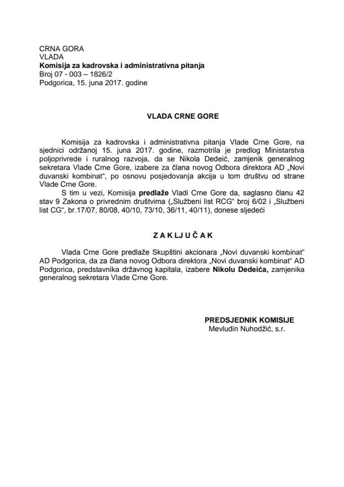 Предлог закључка о избору члана Одбора директора "Нови дувански комбинат" АД Подгорица