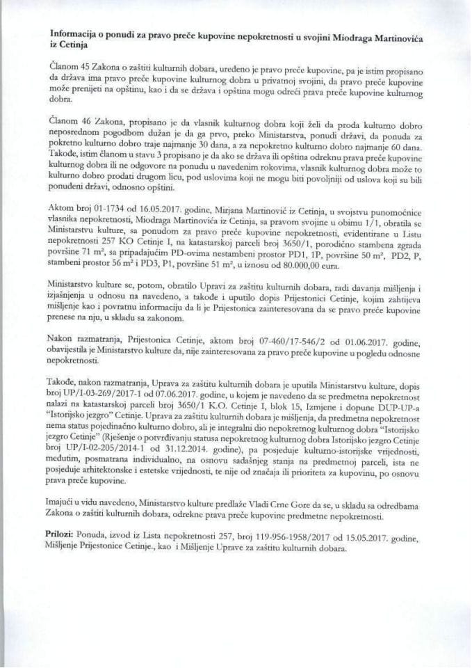 Informacija o ponudi za pravo preče kupovine nepokretnosti u svojini Miodraga Martinovića, iz Cetinja (bez rasprave) 