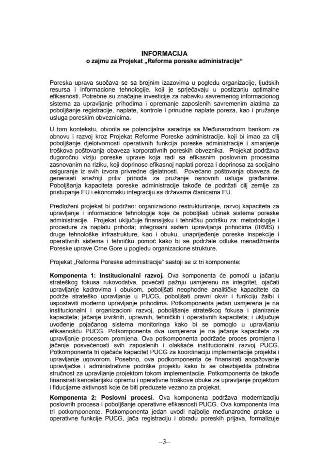 Informacija o zajmu za projekat "Reforma poreske administracije" s Nacrtom ugovora o zajmu