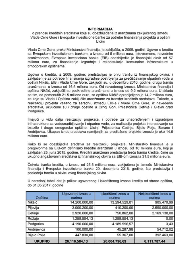 Informacija o prenosu kreditnih sredstava koja su obezbijeđena iz aranžmana zaključenog između Vlade Crne Gore i Evropske investicione banke za potrebe finansiranja projekta u Opštini Ulcinj s Predlog