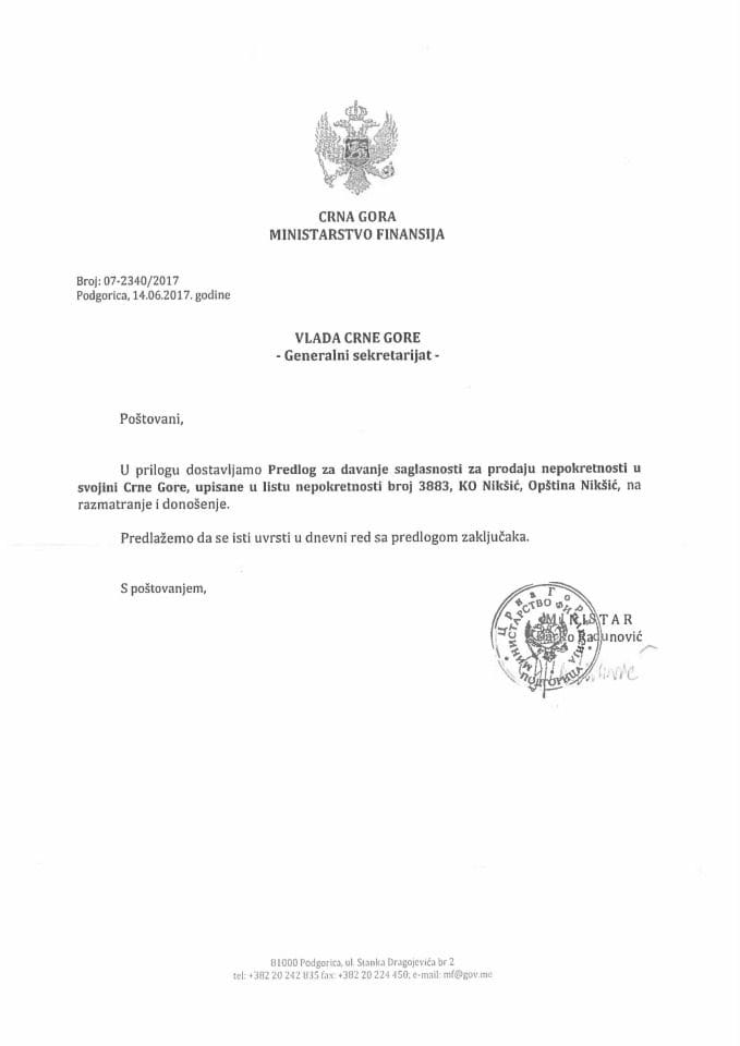 Predlog za davanje saglasnosti za prodaju nepokretnosti u svojini Crne Gore, upisane u list nepokretnosti broj 3883, KO Nikšić, Opština Nikšić 