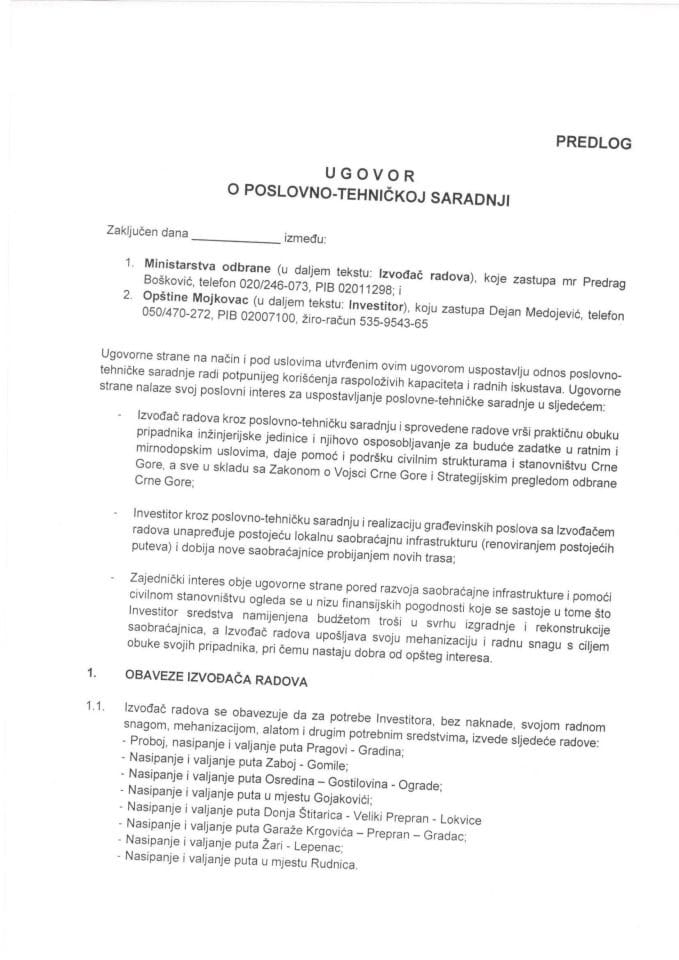 Предлог уговора о пословно-техничкој сарадњи између Министарства одбране и Општине Мојковац