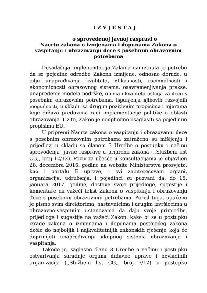 Izvještaj - javna rasprava o prijedlogu Zakona o izmejnama i dopunama Zakona o vaspitanju i obrazovanju djece sa posebnim potrebama