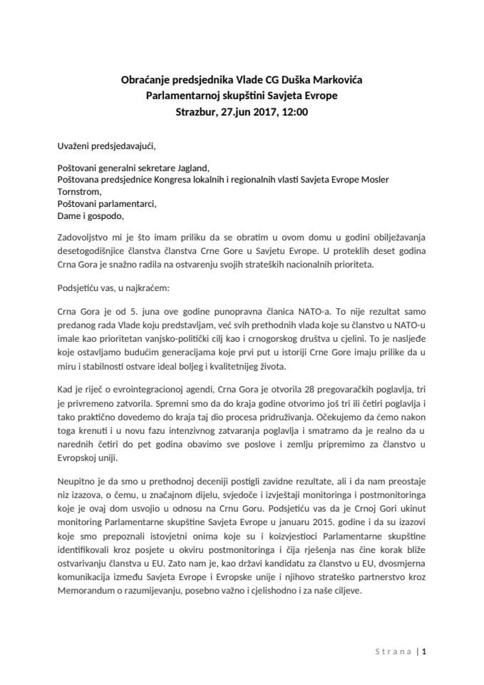 2017 06 27 Obraćanje predsjednika Vlade CG Duška Markovića Parlamentarnoj skupštini Savjeta Evrope