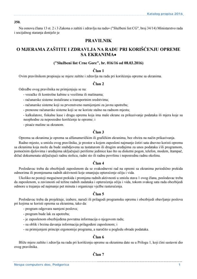 Pravilnik o mjerama zastite i zdravlja na radu pri koriscenju opreme sa ekranima 16-16