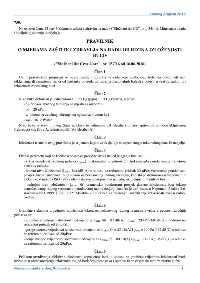 Pravilnik o mjerama zastite i zdravlja na radu od rizika izlozenosti buci 37-16