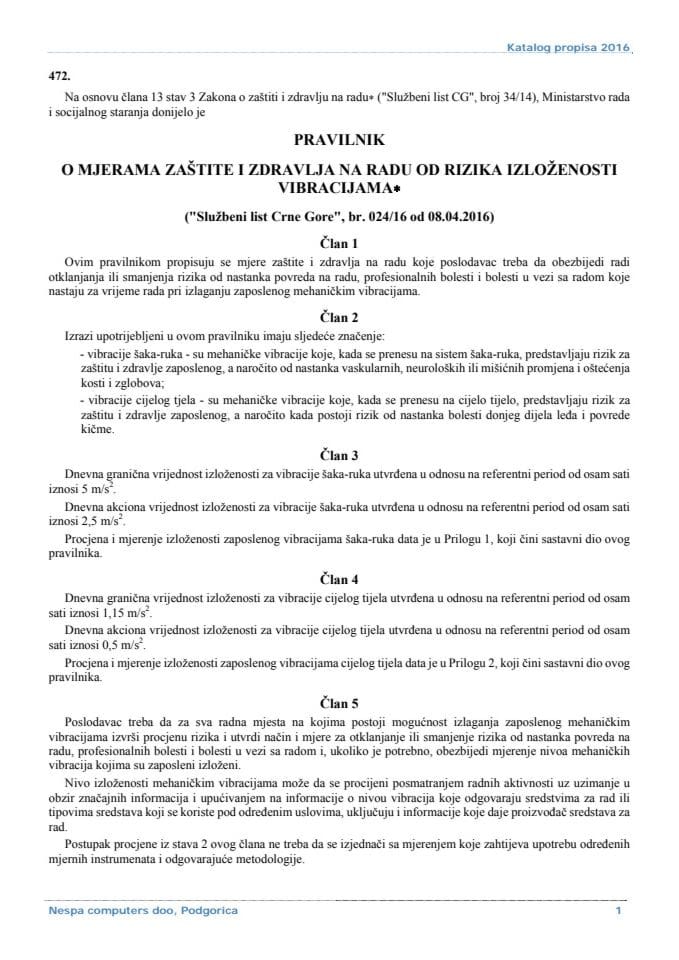 Pravilnik o mjerama zastite i zdravlja na radu od rizika izlozenosti vibracijama 24-16
