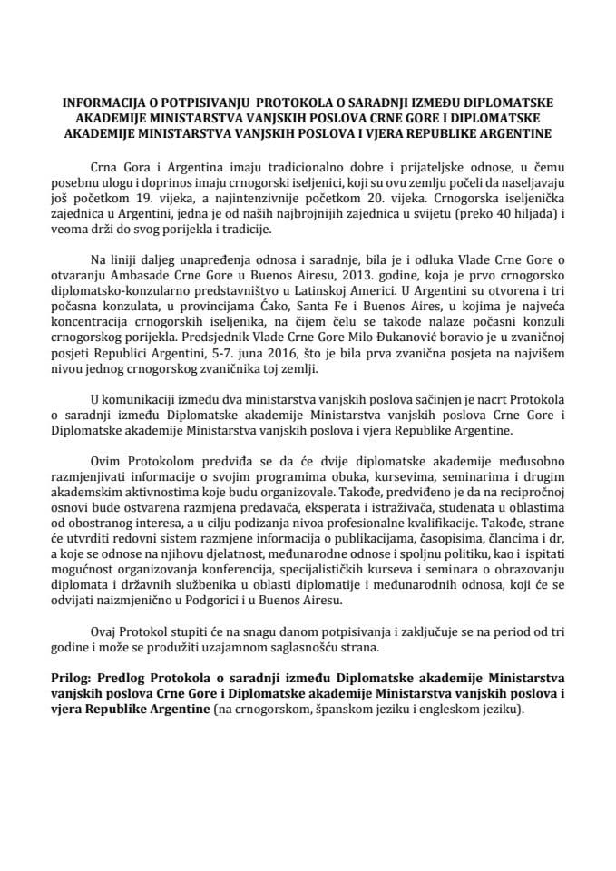 Informacija o potpisivanju Protokola o saradnji između Diplomatske akademije Ministarstva vanjskih poslova Crne Gore i Diplomatske akademije Ministarstva vanjskih poslova i vjera Republike Argentine s