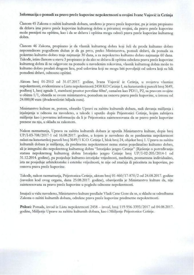 Информација о понуди за право прече куповине непокретности у својини Иване Вујовић из Цетиња (без расправе)