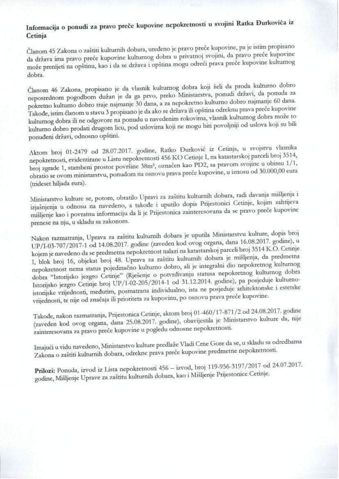 Informacija o ponudi za pravo preče kupovine nepokretnosti u svojini Ratka Đurkovića iz Cetinja (bez rasprave)