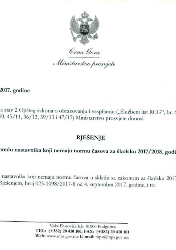 Rješenje o rasporedu nastavnika koji nemaju normu časova za školsku 2017/2018 