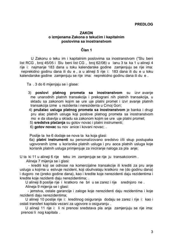 Predlog zakona o izmjenama Zakona o tekućim i kapitalnim poslovima sa inostranstvom