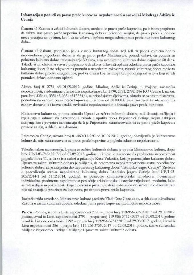 Informacija o ponudi za pravo preče kupovine nepokretnosti u svojini Miodraga Adžića iz Cetinja (bez rasprave)