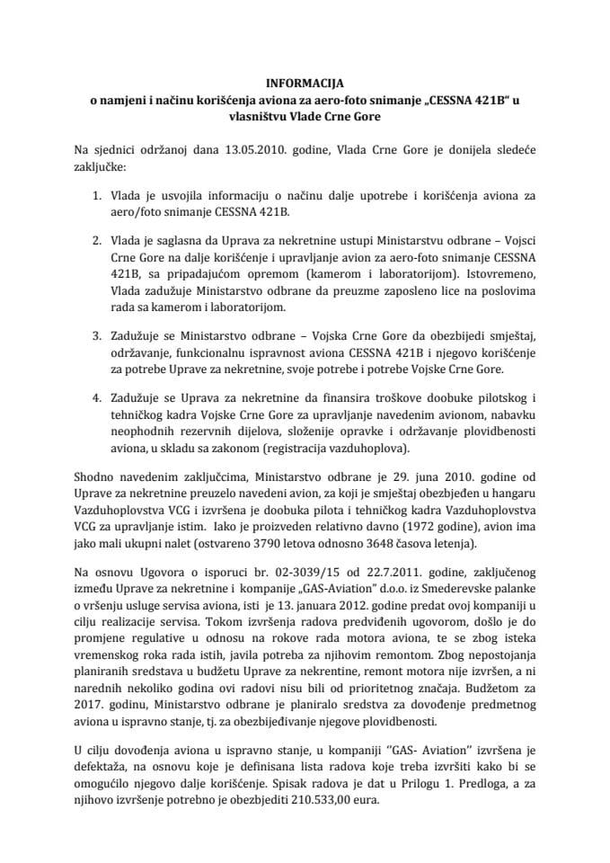 Informacija o namjeni i načinu korišćenja aviona za aero-foto snimanje "CESSNA 421B" u vlasništvu Vlade Crne Gore