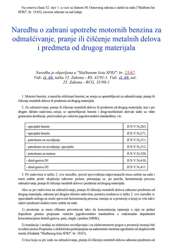 Naredba o zabrani upotrebe motornih benzina za odmašćivanje, pranje i čišćenje metalnih dijelova predmeta od drugog materijala ("Službeni list SFRJ", br. 23/67)