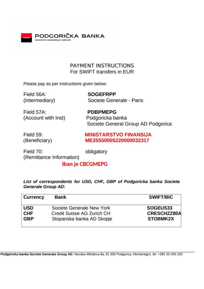 Instukcije za plaćanje iz inostranstva za Registar kaznene evidencije