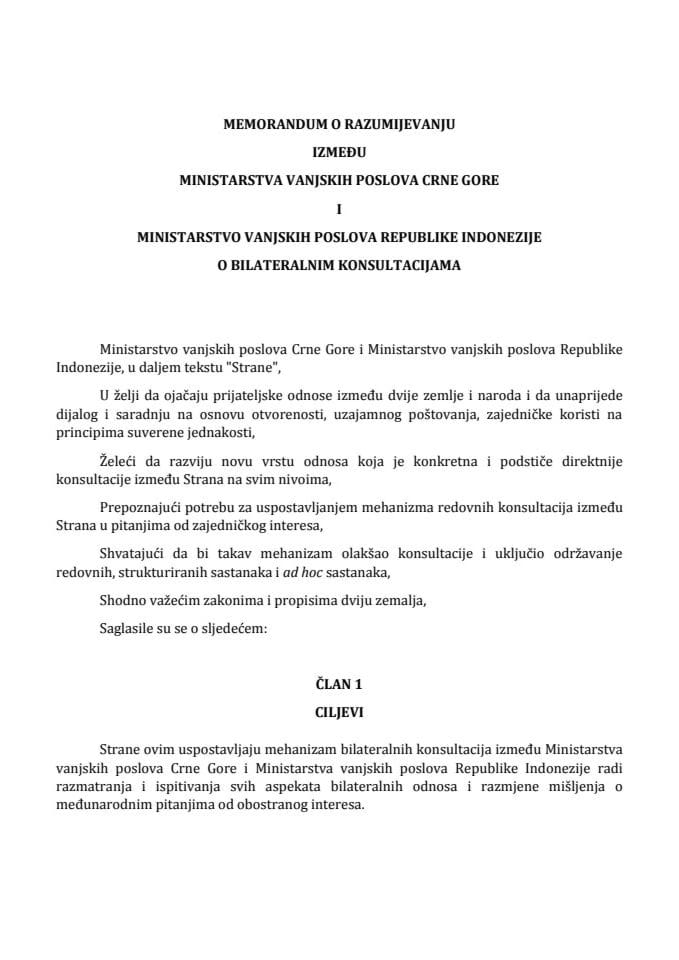 Informacija o zaključenju Memoranduma o razumijevanju između Ministarstva vanjskih poslova Crne Gore i Ministarstva vanjskih poslova Republike Indonezije o bilateralnim konsultacijama s Predlogom memo