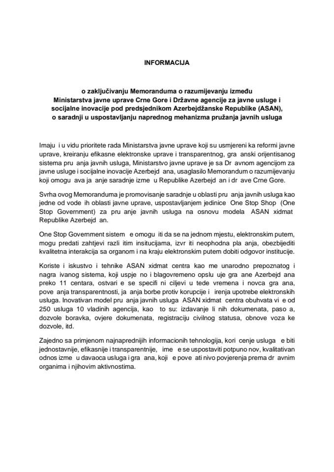 Informacija o zaključivanju Memoranduma o razumijevanju između Ministarstva javne uprave Crne Gore i Državne agencije za javne usluge i socijalne inovacije pod predsjednikom Azerbejdžanske Republike (