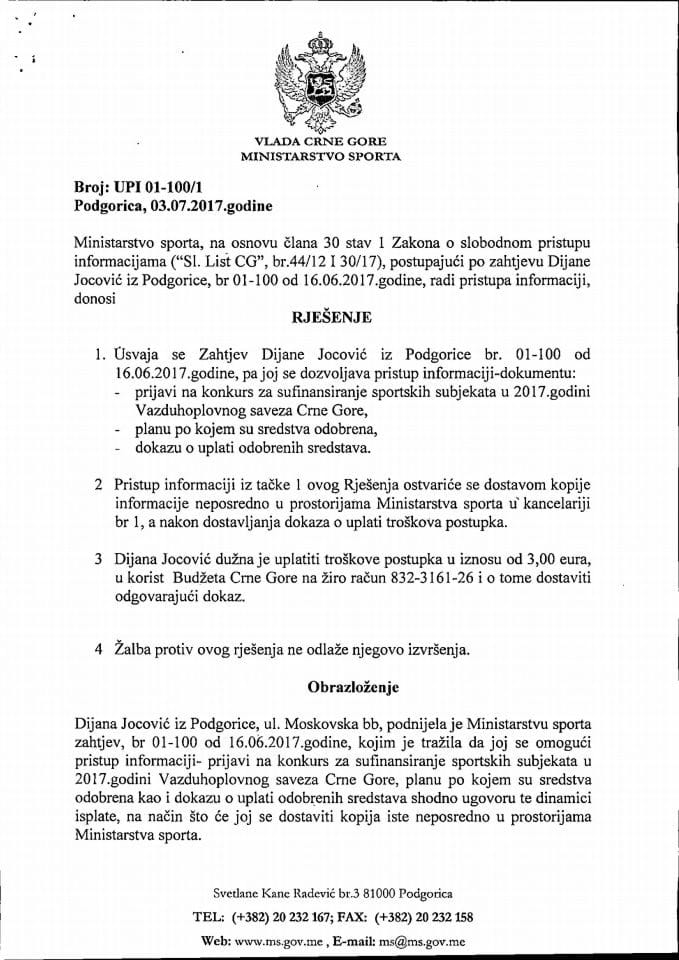 Rjesenje UPI 01-100-1 po Zahtjevu Dijane Jocovic iz Podgorice