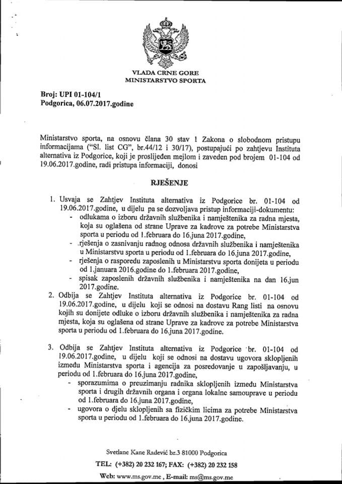 Rješenje UPI 01-104-1 po zahtjevu Instituta alternativa