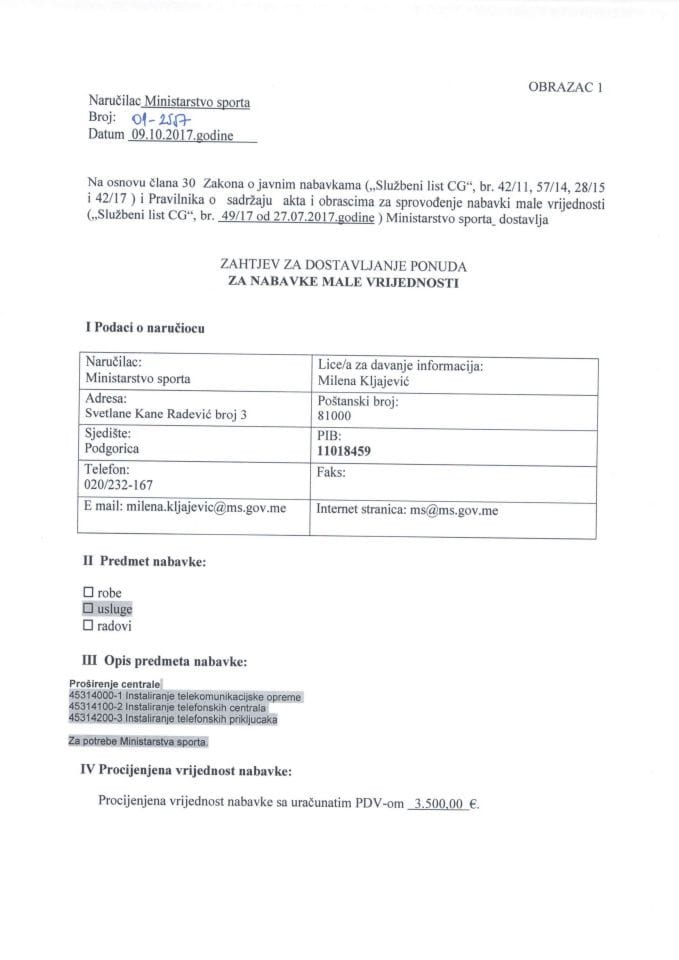 Prosirenje centrale-zahtjev za dostavljanje ponuda