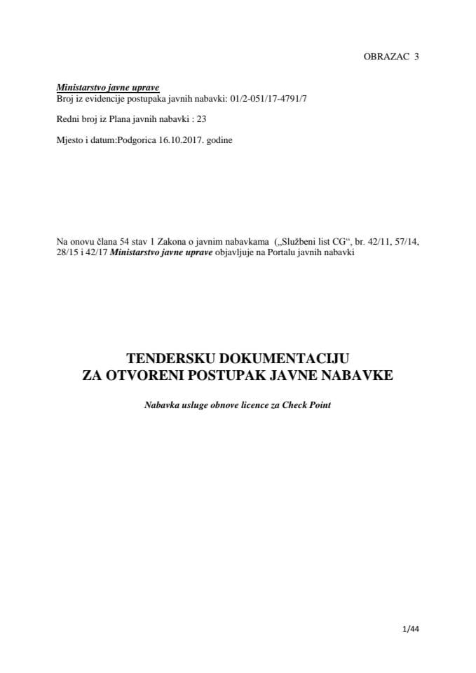 Tenderska dokumentacija za otvoreni postupak javne nabavke nabavka usluge obnove licence za check point