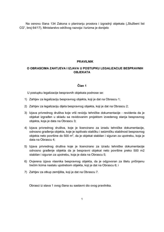 Pravilnik o obrascima zahtjeva i izjava u postupku legalizacije bespravnih objekata