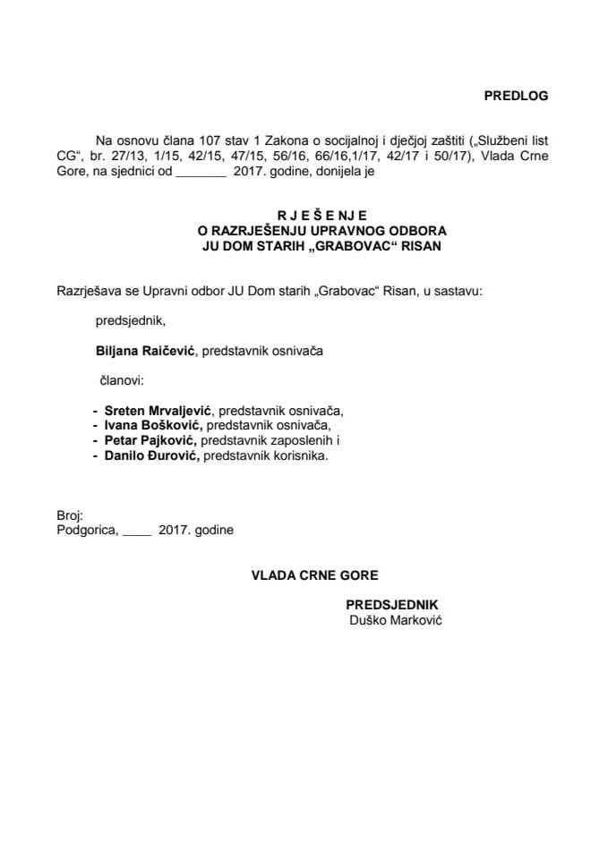 Predlog rješenja o razrješenju i imenovanju Upravnog odbora JU Dom starih "Grabovac" Risan